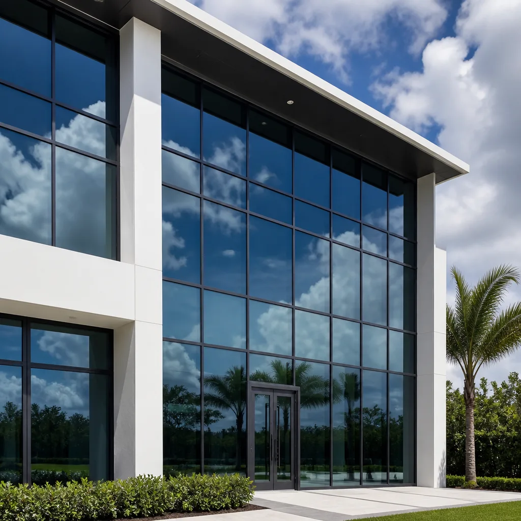 Modern commercial building exterior with high-end custom windows and entry doors in Palm Beach, FL
