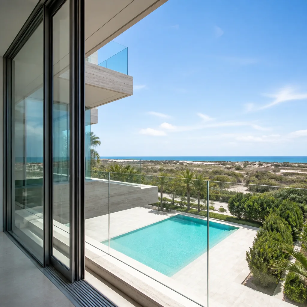 Modern glass balcony railings overlooking a luxury swimming pool and ocean view in Palm Beach, FL