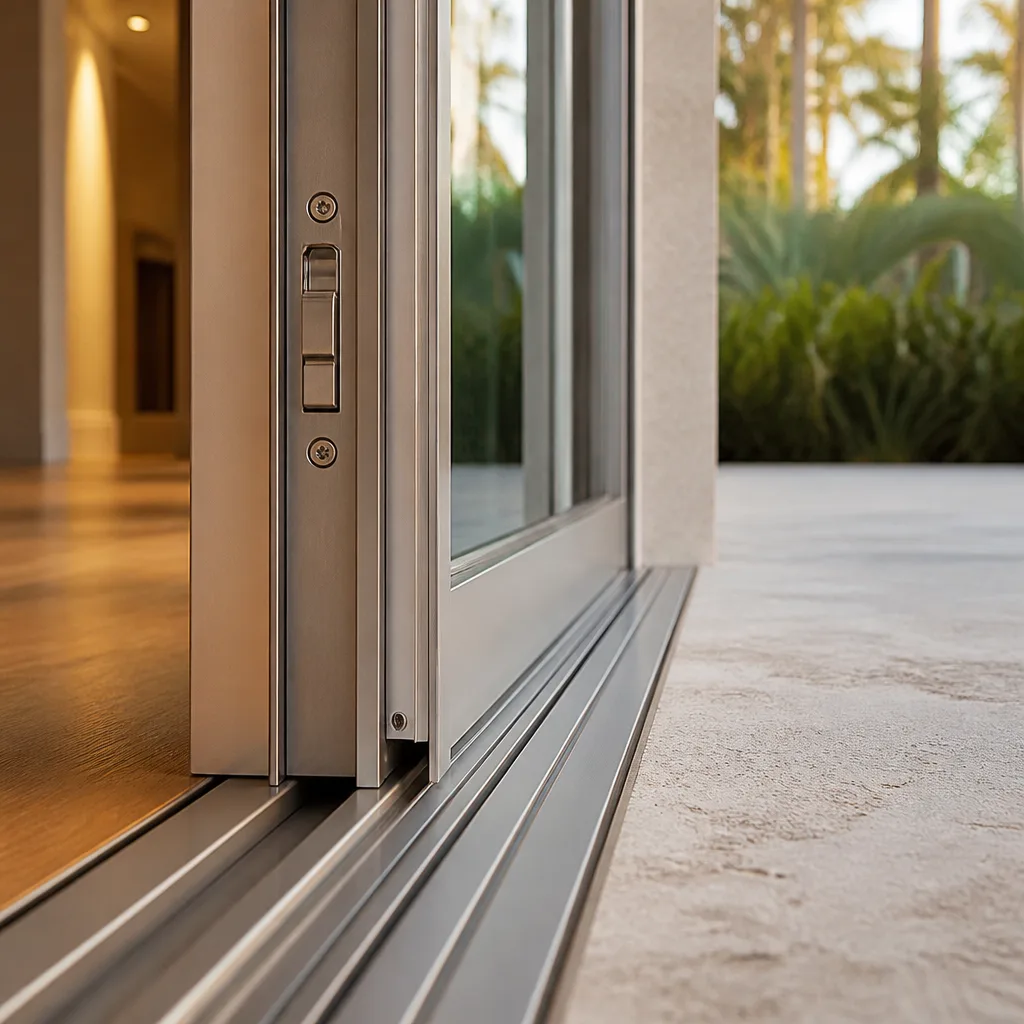 Modern aluminum sliding patio door track and flush-mount hardware system in Palm Beach, FL