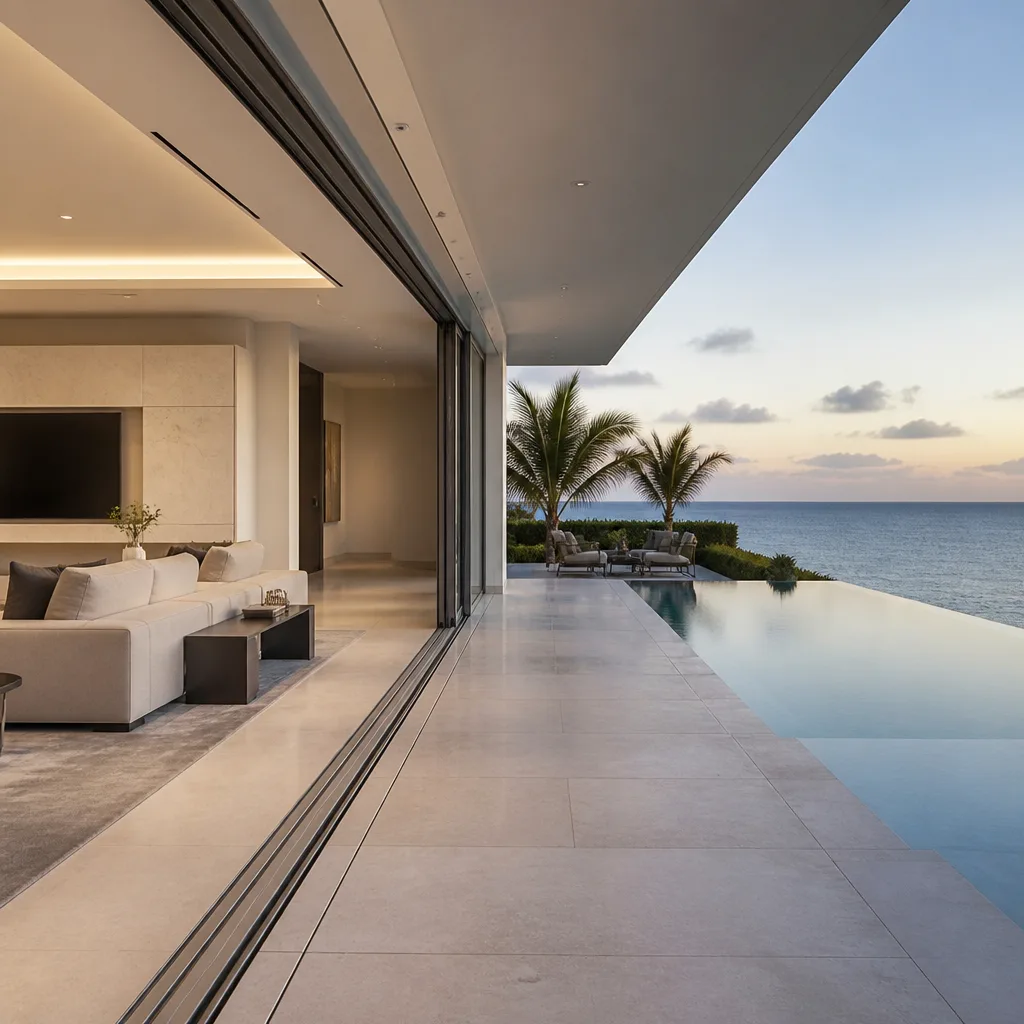 Modern sliding glass doors opening to infinity pool and ocean view in Palm Beach, FL
